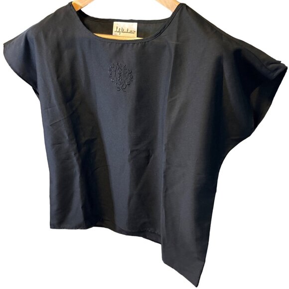 Lady Manhattan Medium Black Blouse Embroidered Detail Short Sleeves Career Layer - Picture 3 of 8